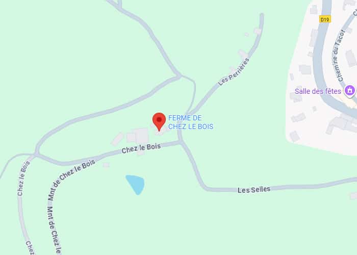 Carte de localisation de la Ferme de Chez le Bois, avec les routes Chez le Bois, Les Perrières, Les Selles et la D19 près de la Salle des fêtes.