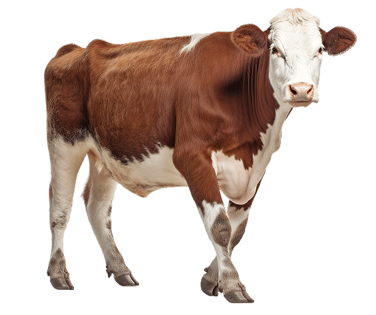 Vache brune et blanche au pelage tacheté, debout et attentive, regardant de face sur un fond uni noir.